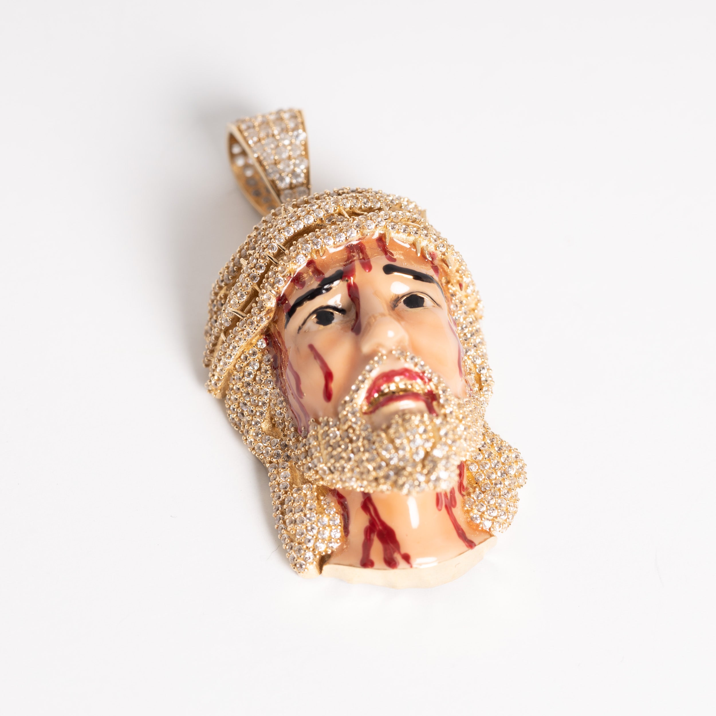 Jesus Blood Enamel 14k Gold Iced out CZ.