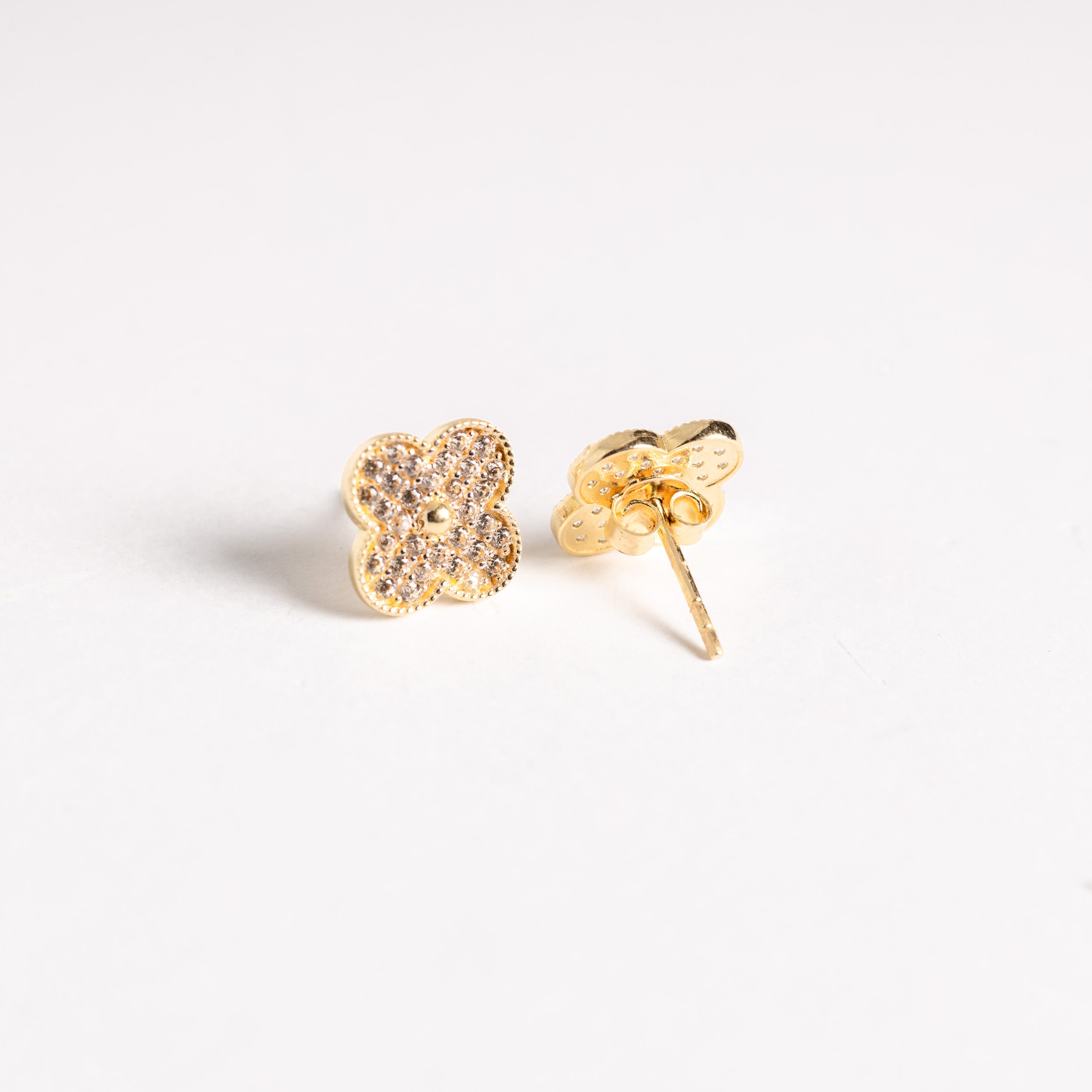 14k Gold Clover CZ Stud Earrings