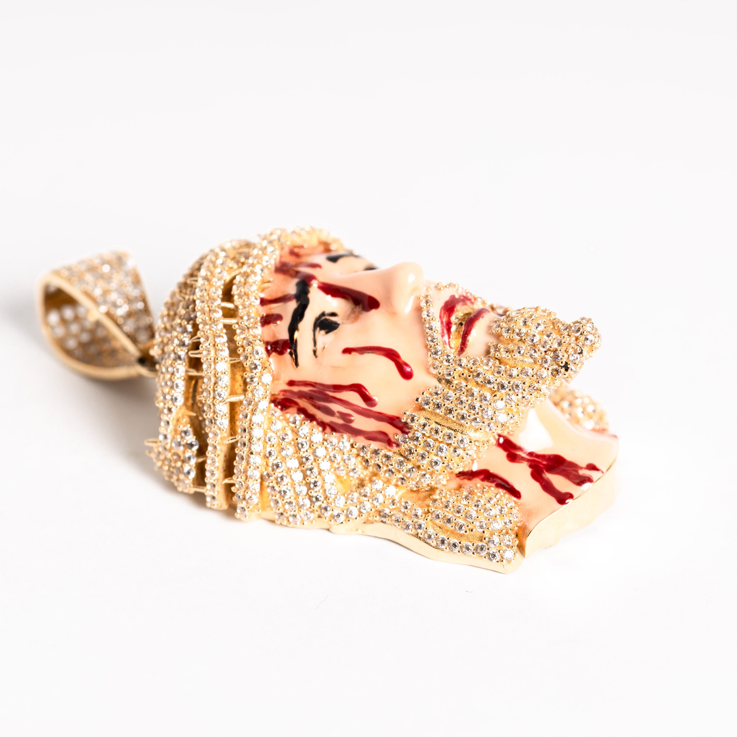 Jesus Blood Enamel 14k Gold Iced out CZ.