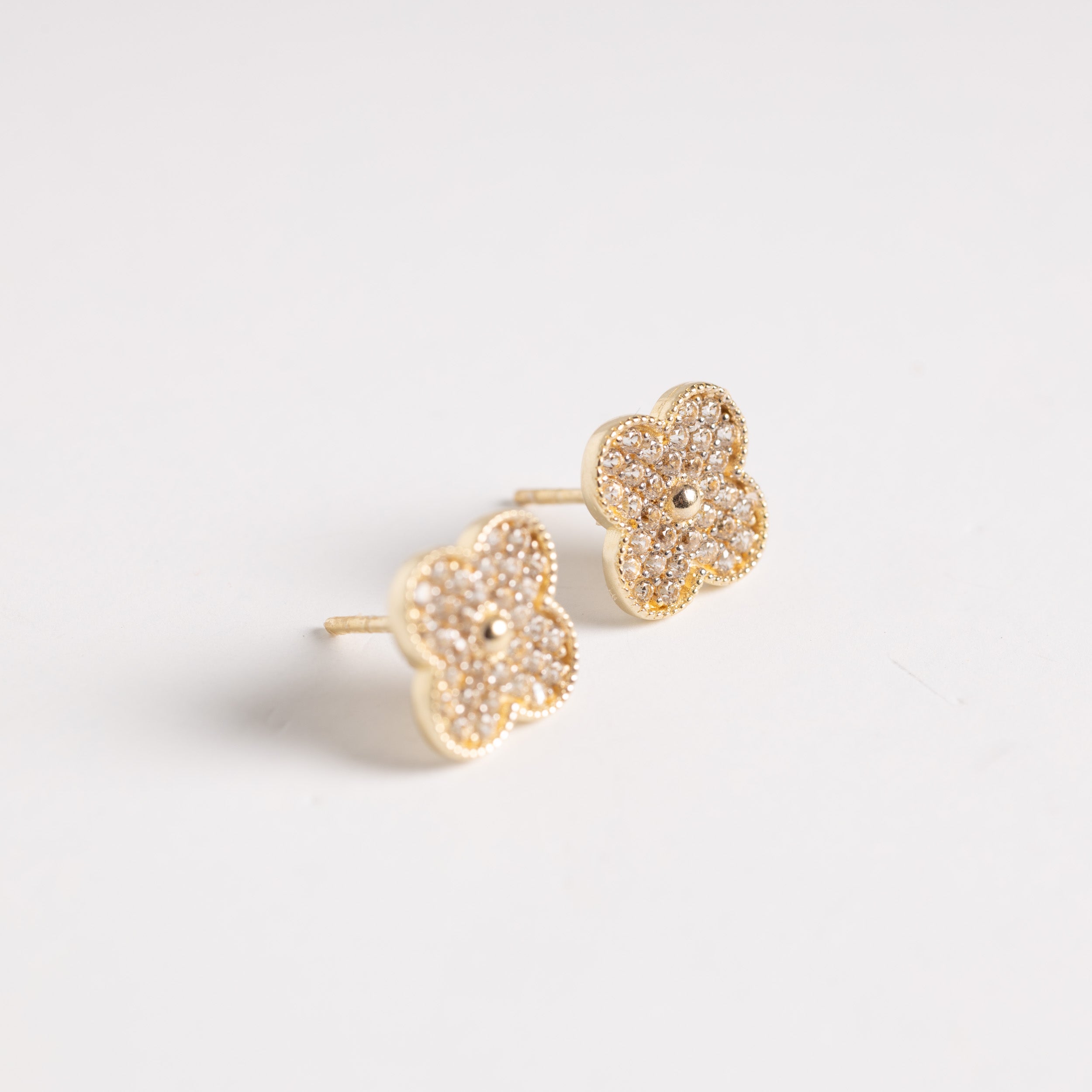 14k Gold Clover CZ Stud Earrings